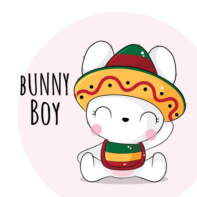 Flat cute animal bunny with mexico hat illustration for kids. Cute bunny character