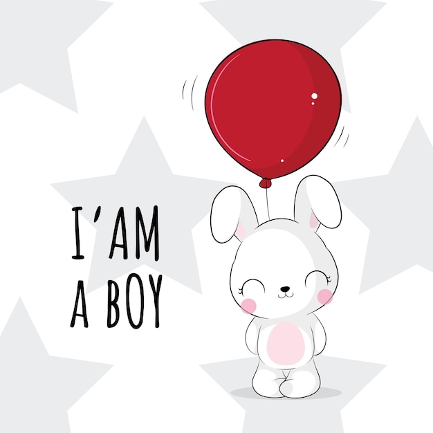 Flat cute animal bunny with red balloon illustration for kids. Cute bunny character