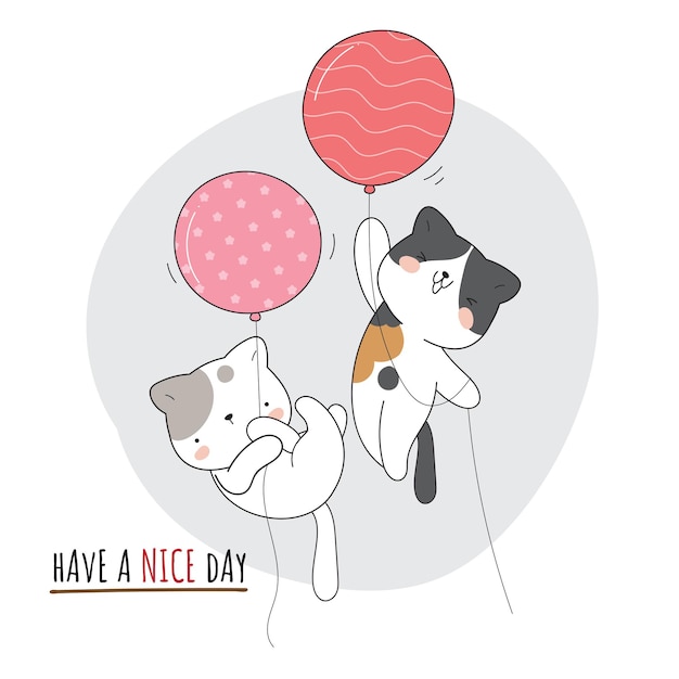 Flat cute animal cat flying with balloon illustration for kids