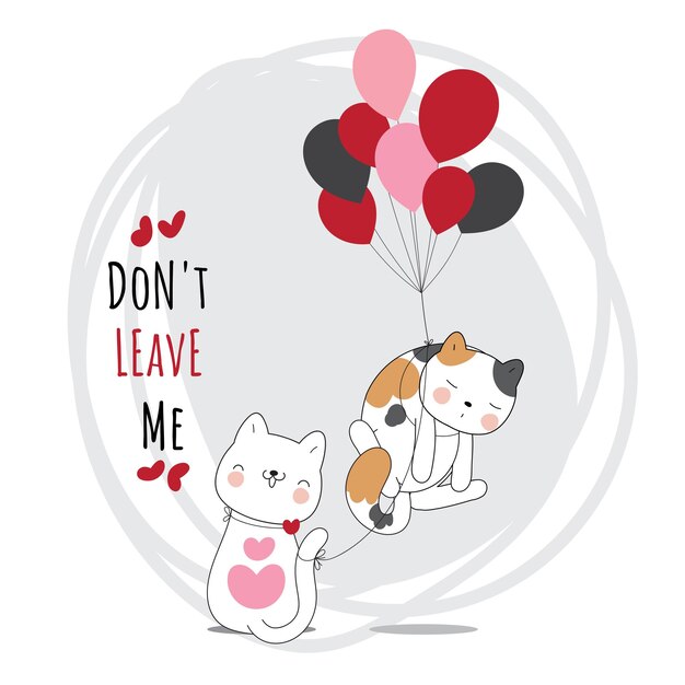 Flat cute animal cat flying with love red balloon illustration for kids