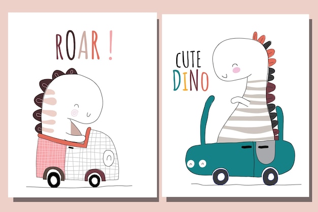 Free vector flat cute animal collection dino on car illustration for kids cute dino character