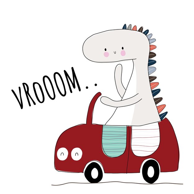 Flat cute animal dinosaurs on the car illustration for kids Cute dino character