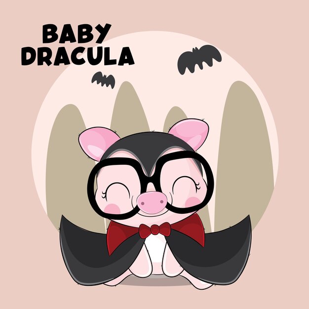 Flat cute animal Dracula  pig  illustration for kids. Cute pig character