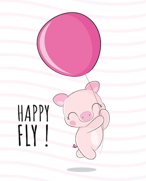 Free vector flat cute animal pig happy flying with balloon illustration for kids. cute pig character