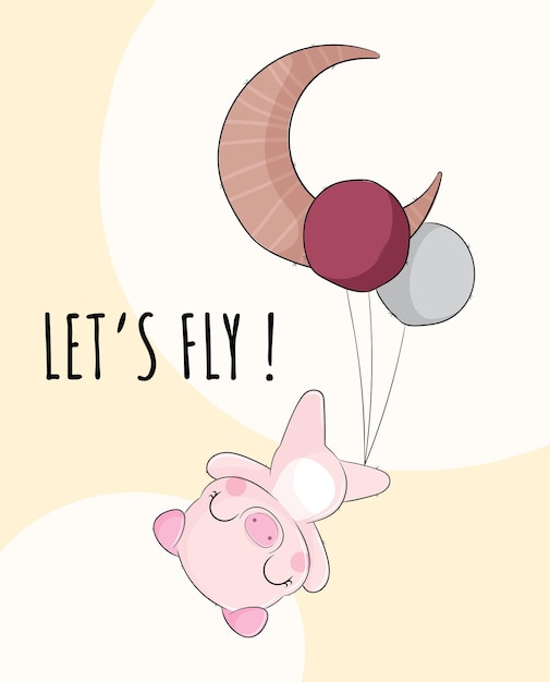 Free vector flat cute animal pig happy flying with balloon illustration for kids. cute pig character