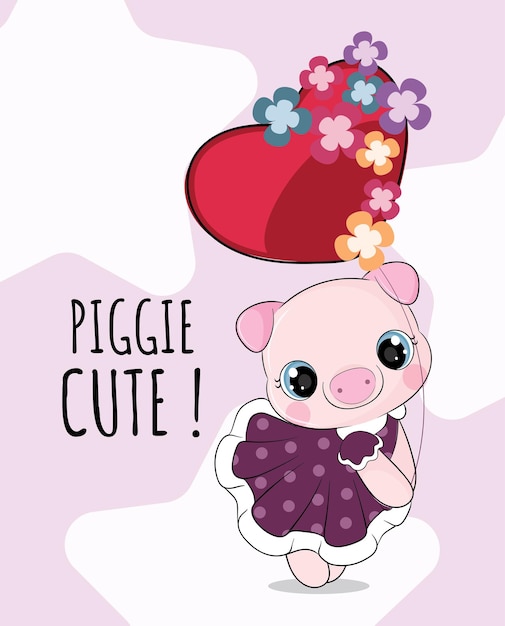 Free Vector flat cute animal pretty pig with balloon illustration for kids. cute pig character