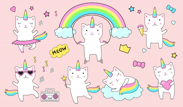 Free Vector flat cute caticorns sticker set