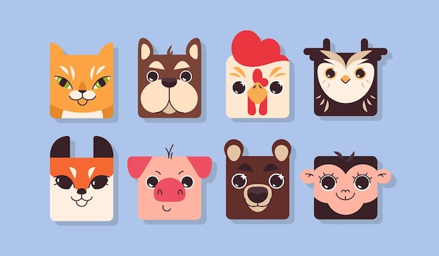 Flat cute colorful square animal faces Funny pig cow dog cat fox monkey bear and chicken zoo game elements for kids App avatar icon set Kid collection head shape of pet wild and farm animals