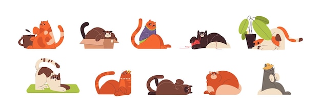 Free vector flat cute ginger cats in different funny poses playing and relaxing