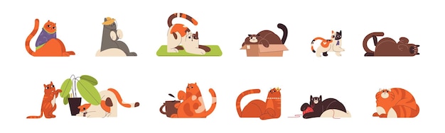 Free vector flat cute ginger cats in different funny poses playing and relaxing