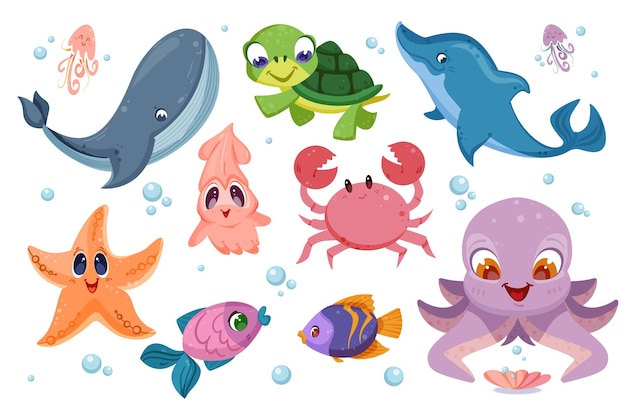 Flat cute underwater sea animals and different fish