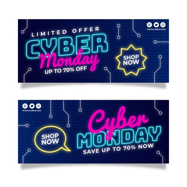 Flat cyber monday horizontal banners set