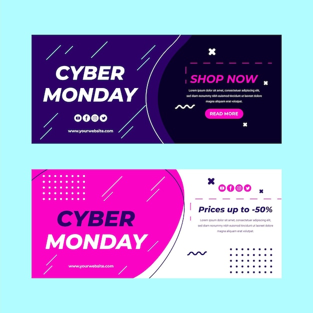 Flat cyber monday horizontal sale banners set