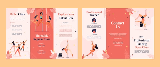 Flat dance school brochure template with vegetation