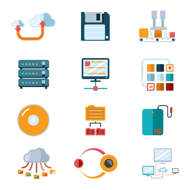 Free vector flat data icons. colorful symbols, database processing, broadcast information. vector illustration