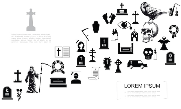 Flat death template with grim reaper crow sitting on skull funeral and burial black elements