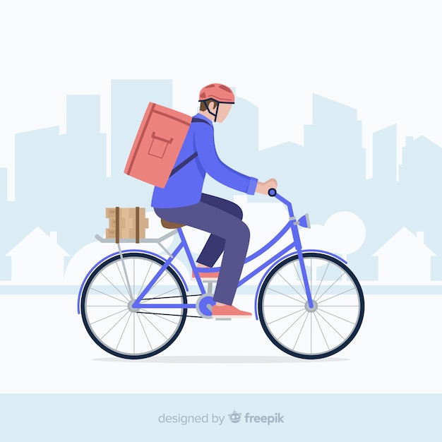 Flat delivery boy on bike background