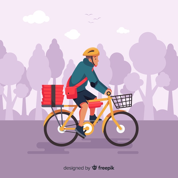 Flat delivery boy on bike background