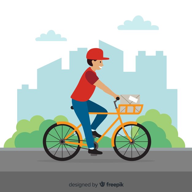 Flat delivery boy on bike background