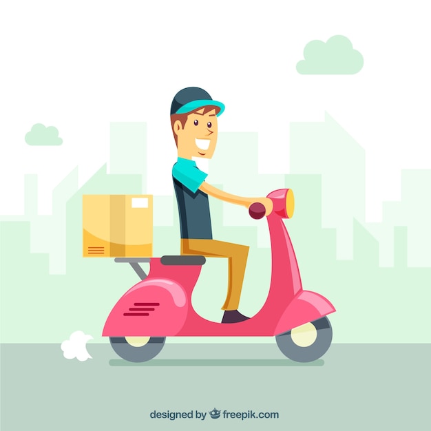 Flat delivery man in scooter