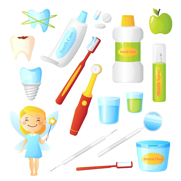 Flat dentist set for dental care hygiene and healthy teeth with tooth fairy and equipment 