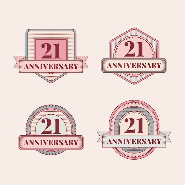 Flat design 21 anniversary vintage badges collection