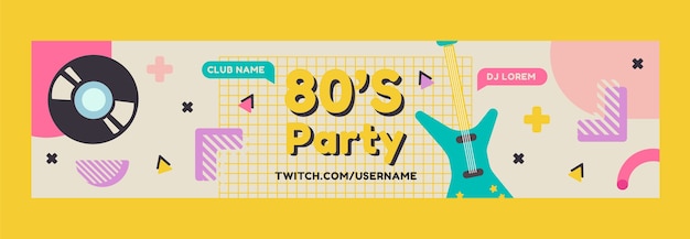 Flat design 80s party twitch banner template