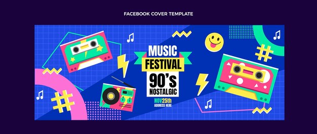 Flat design 90s music festival facebook cover