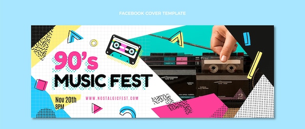 Flat design 90s music festival facebook cover