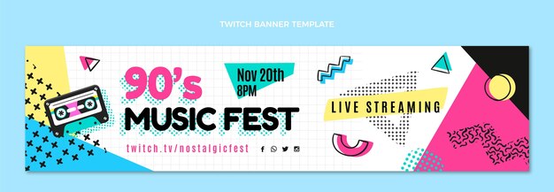 Flat design 90s music festival twitch banner