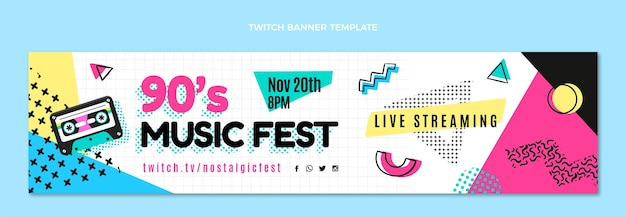 Flat design 90s music festival twitch banner