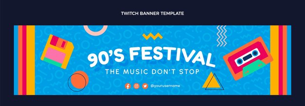 Flat design 90s music festival twitch banner