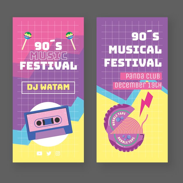 Flat design 90s music festival vertical banners