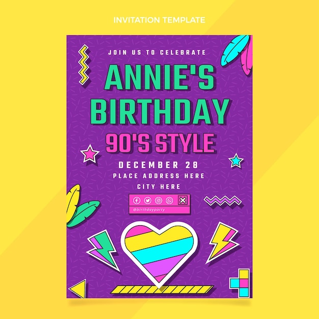 Flat design 90s nostalgic birthday invitation