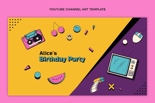 Free Vector flat design 90s nostalgic birthday youtube channel art