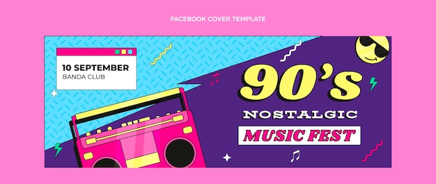 Flat design 90s nostalgic music festival facebook cover