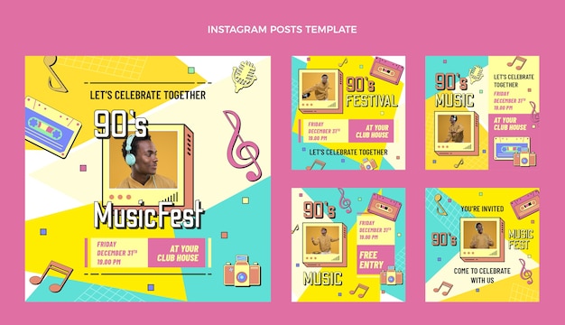 Free Vector flat design 90s nostalgic music festival instagram posts