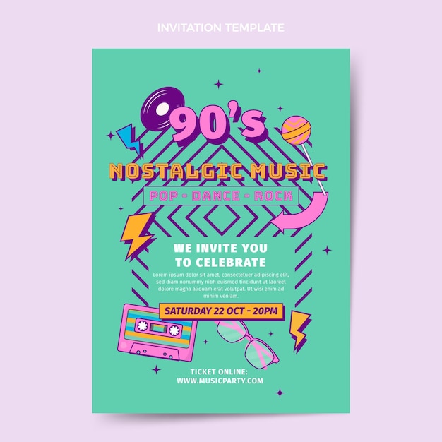 Flat design 90s nostalgic music festival invitation