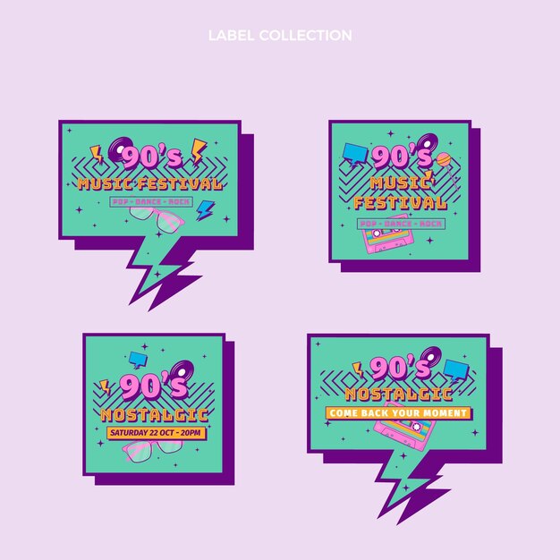 Flat design 90s nostalgic music festival labels