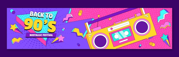 Flat design 90s nostalgic music festival twitch banner