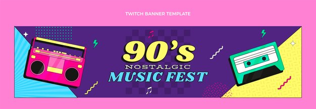 Flat design 90s nostalgic music festival twitch banner