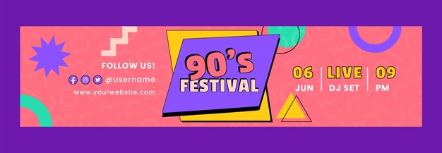 Flat design 90s party twitch banner template