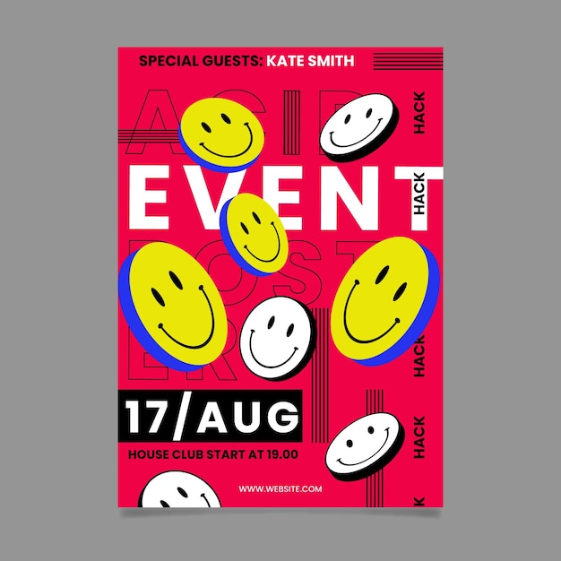 Flat design acid emoji party poster template