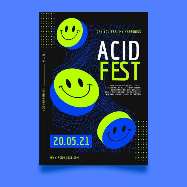 Flat design acid emoji party poster template