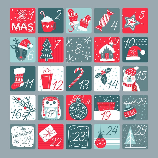 Flat design advent calendar template with illustrations