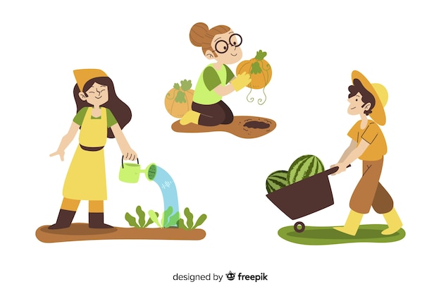 Flat design agricultural workers characters harvesting