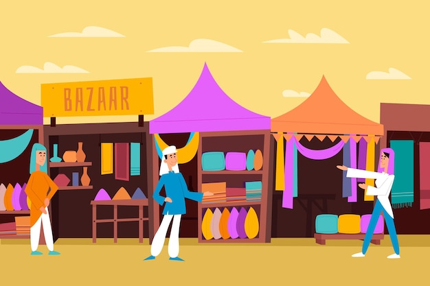 Free Vector flat design arab bazaar illustration with characters and tents