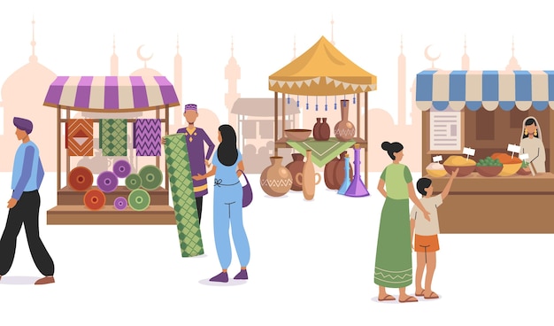 Free Vector flat design arab bazaar illustration with characters