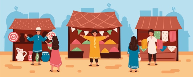 Flat design arab bazaar illustration with people and tents