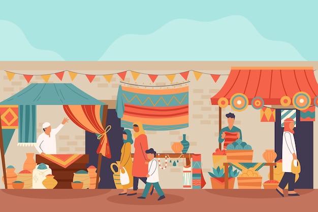 Flat design arab bazaar illustration with people